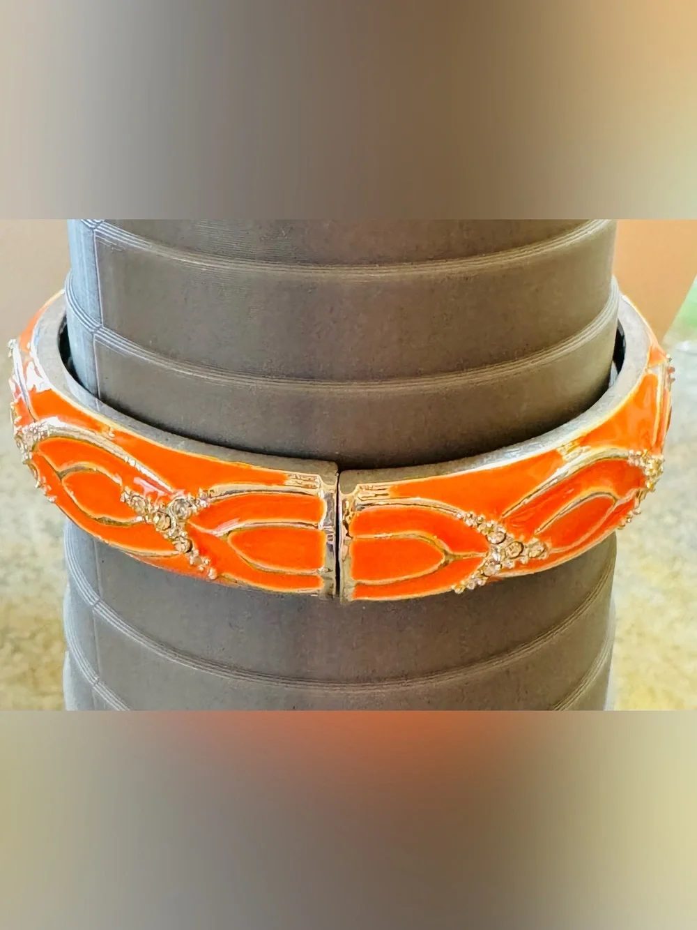 Orange Enamel & Rhinestone Clamper Bangle Bracelet